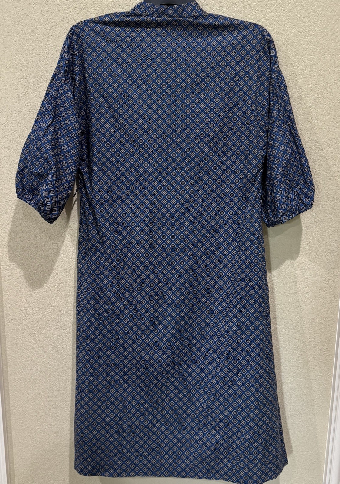 Vintage Leslie J USA Dress Blue Cream Print Balloon Sleeves Pockets Sz 11/12