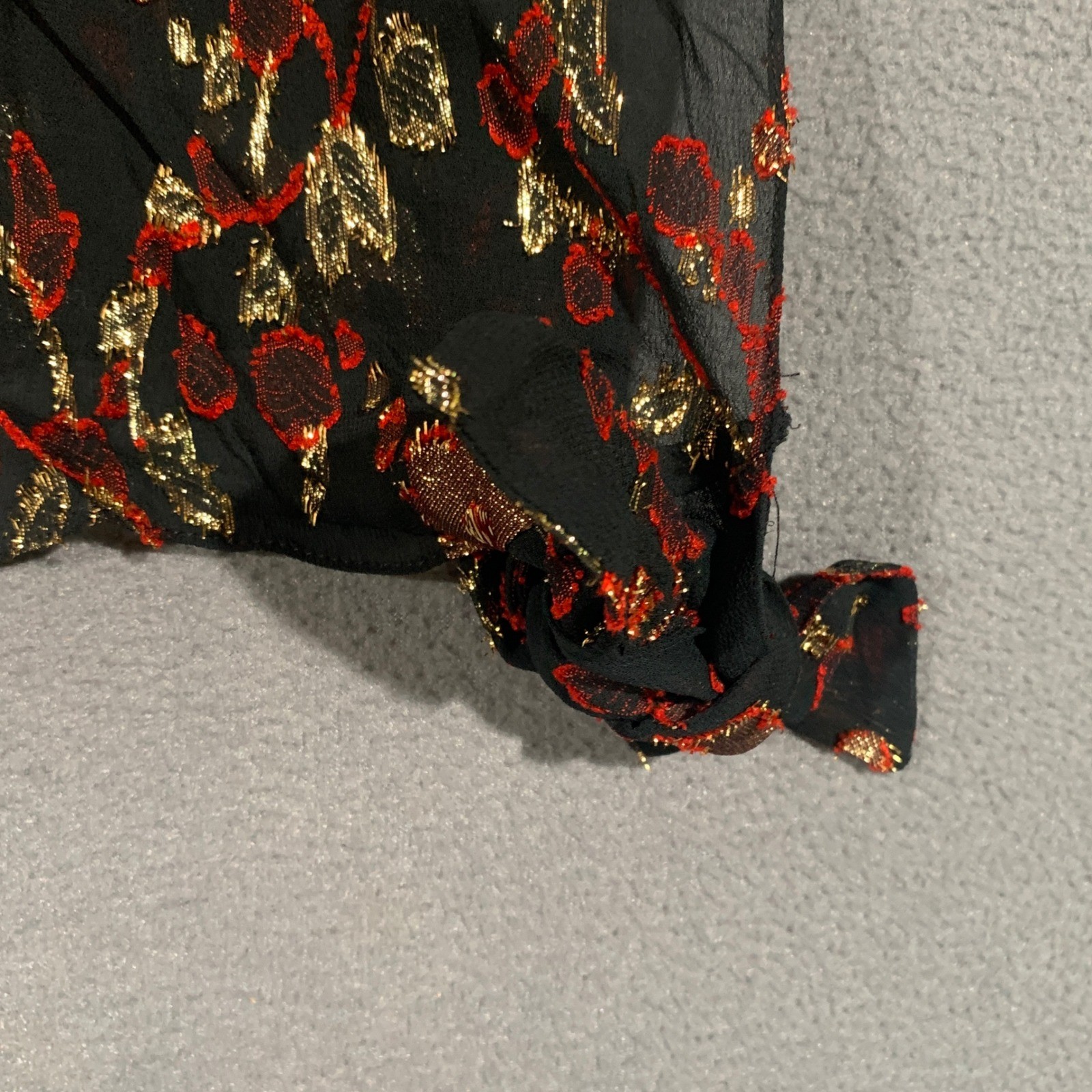 Robbie Sport Blouse Womens 15 16 Black Gold Red Metallic Floral Side Tie Vintage