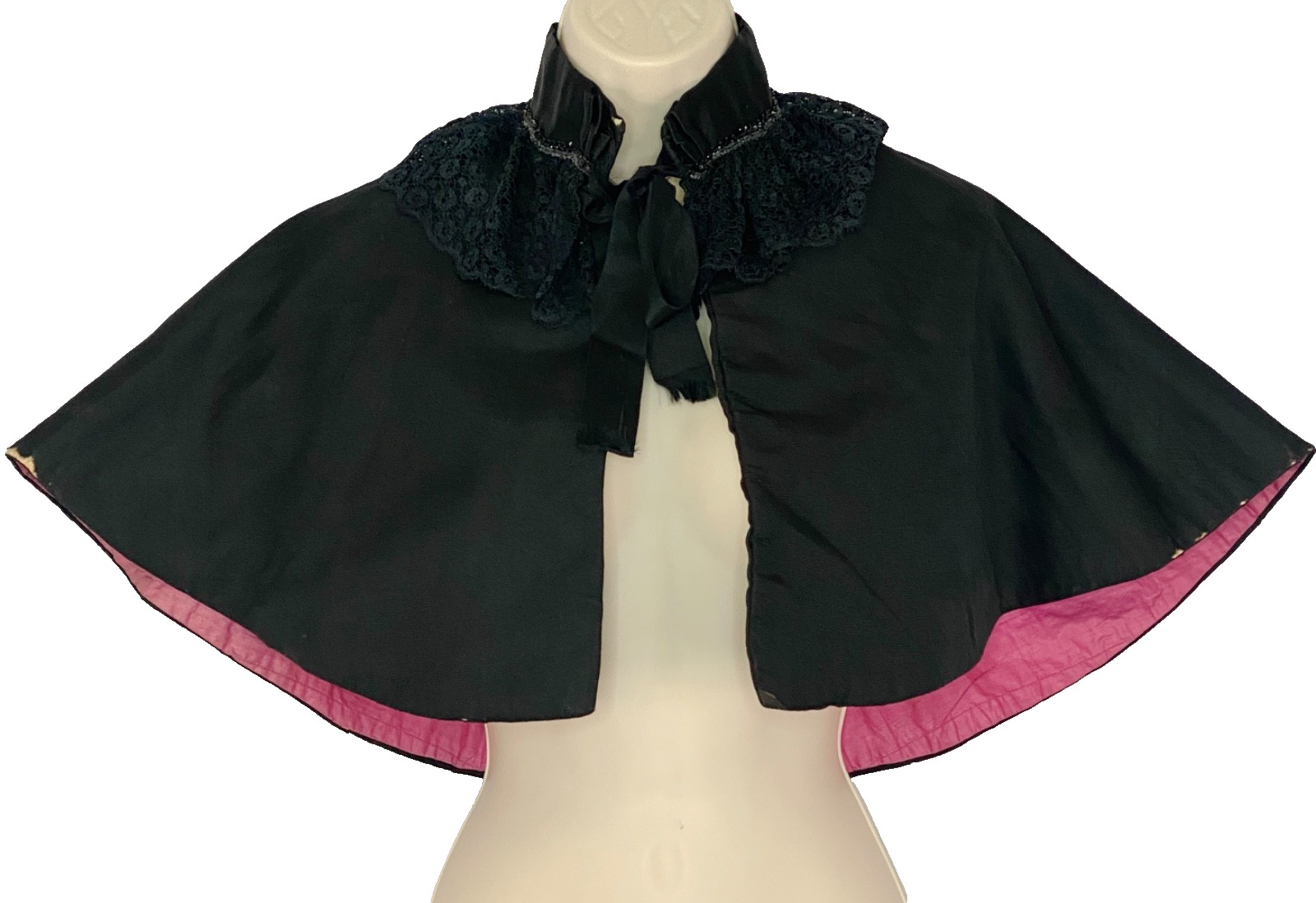 Antique black silk capelet beaded lace Victorian vintage pink lining cape stole