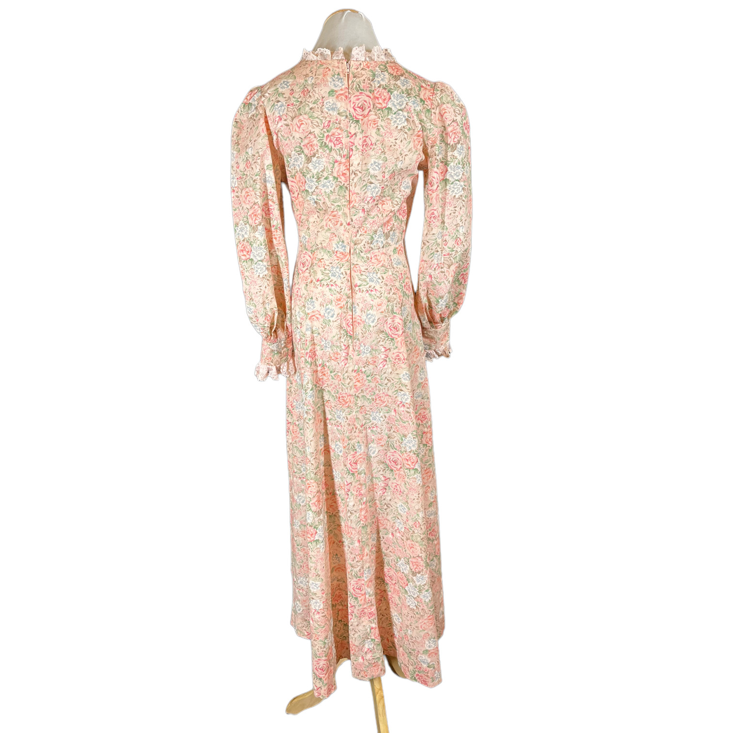 Vintage 70s or 80s Pink Dress High Waist Fitted Cuffs Puffed Sleeves Fits S
