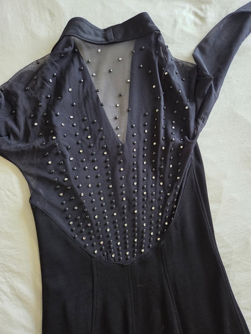 Vintage Tadashi Shoji Black Long Sleeve Mesh Gown with Crystal Accents Small