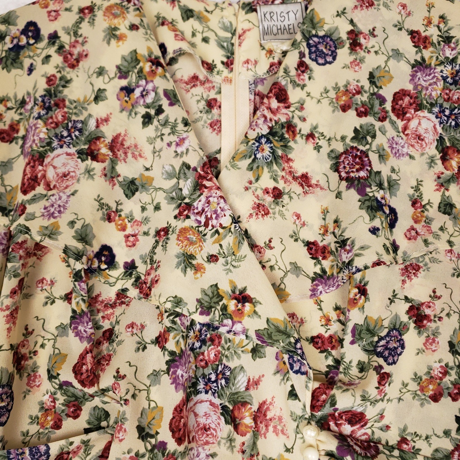 Kristy Michaels Vintage Floral Midi Dress Cream Short Flutter Sleeve Size 8