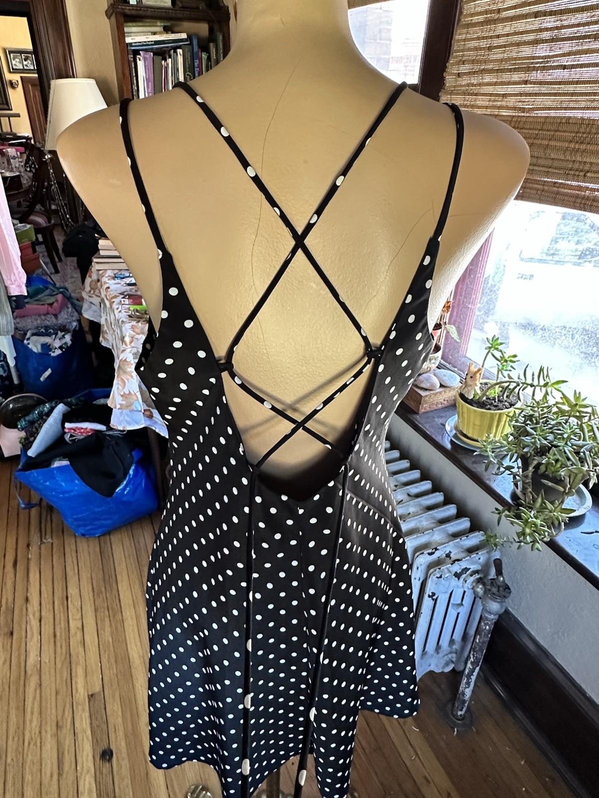Vintage 80’s DBY Woman’s Dress Black/White Polka Dots Cute Tie Up Back Sz. M