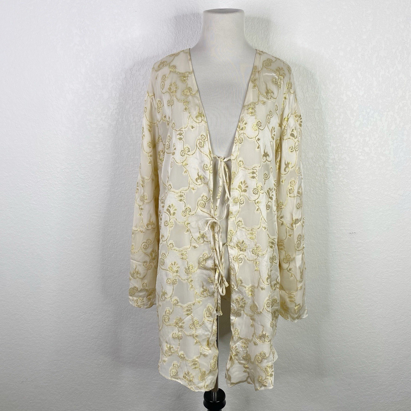 Vintage Lingerie Collection Womens Size Large 100% Silk Cream Gold Kimono Robe