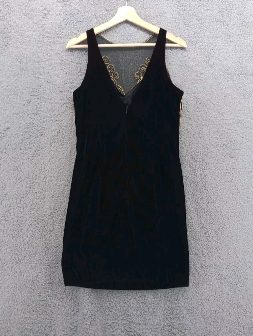Vtg Scott McClintock Womens Black Velvet Gold Trim 80s Mini Cocktail Dress Sz 12