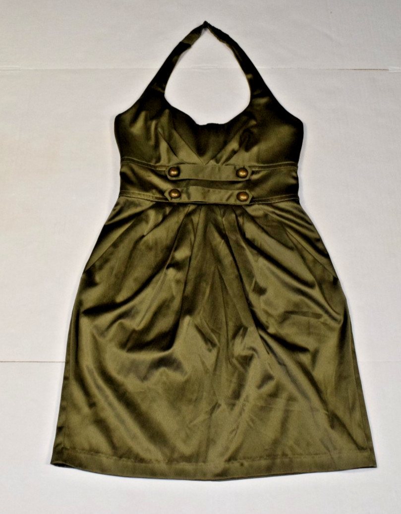 Vintage Dress Teeze Me Size 3 Y2K Olive Green Satin Empire Waist Made USA