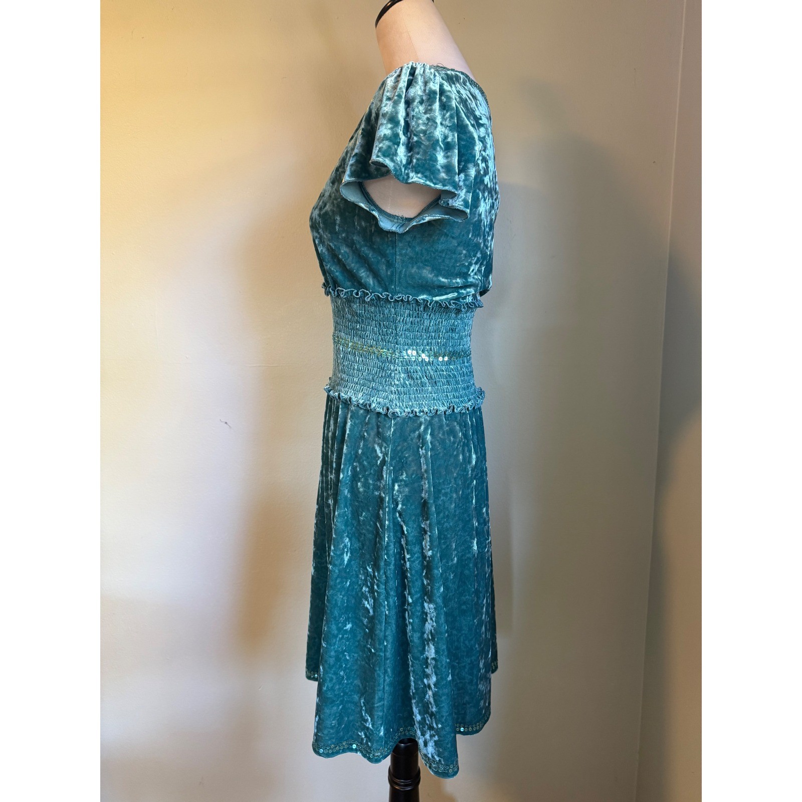 Moda Teal Crushed Velvet Smocked Sequin Dress M whimsigoth boho Y2K dainty retro