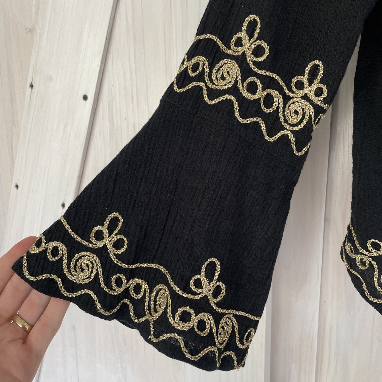 Vtg 70s Womens Greek Folk Bell Shirt Despotidis Embroidered Black Gold Size 4
