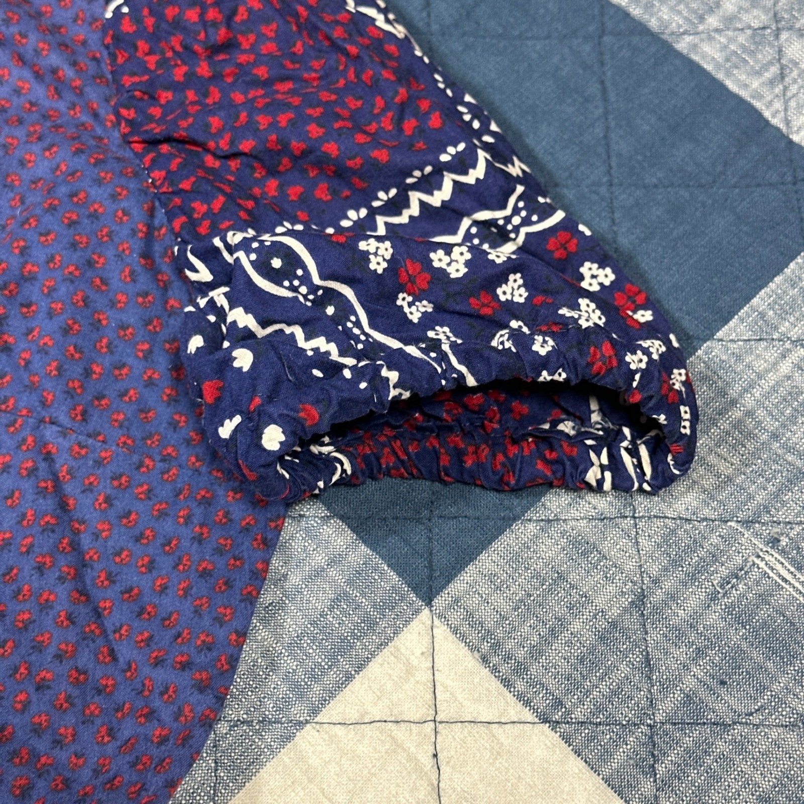 Vintage 70s Patchwork Bandana Prairie Dress Navy Red Button Down Modest Juniors