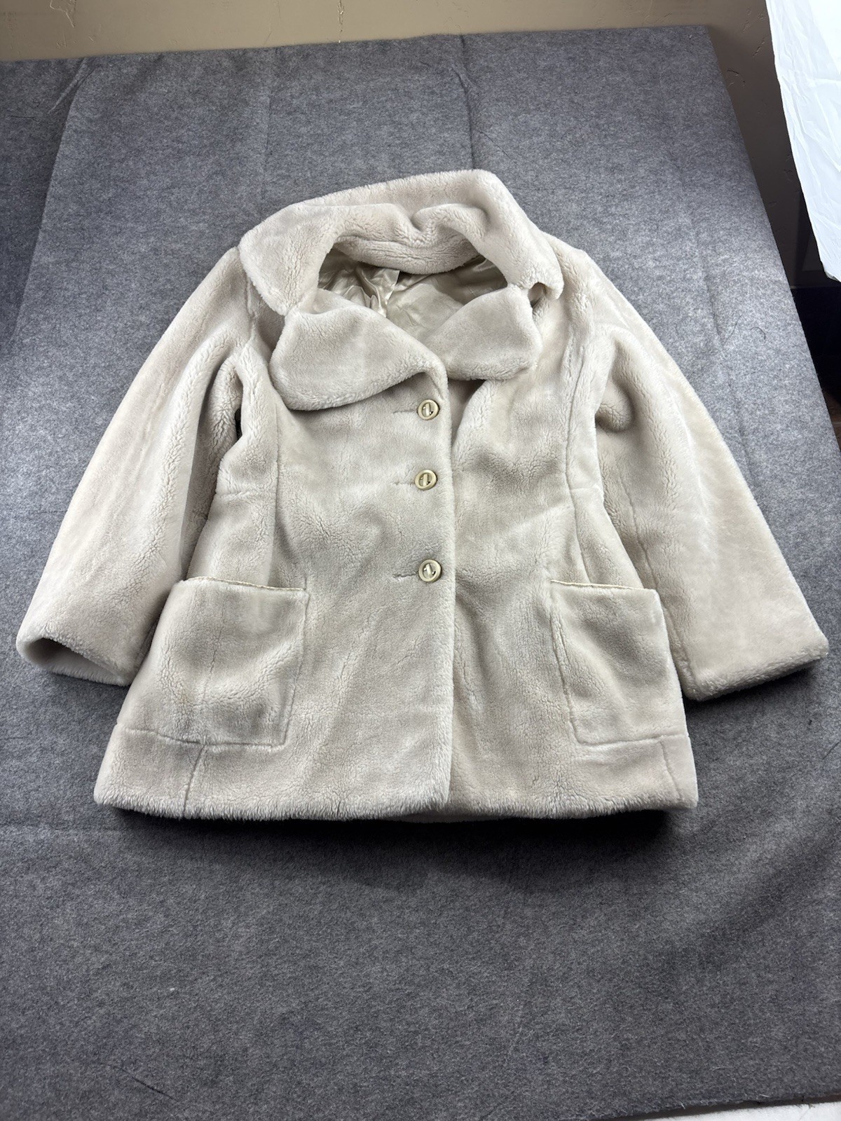 VTG 1950s Borgana Cream Faux Fur Coat Women M? Old Money Classy Elegant READ
