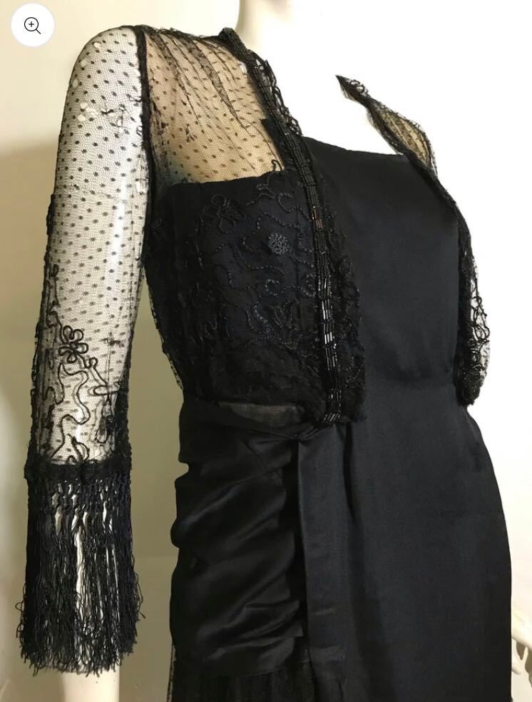 Antique 1910s Fringe and Bead Trimmed Black Silk Dress Vintage