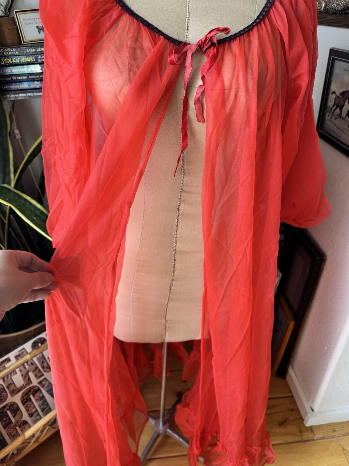 VTG 50s Sheer Red Peignoir Robe Balloon Sleeves Tie Black Trim Medium Boudoir