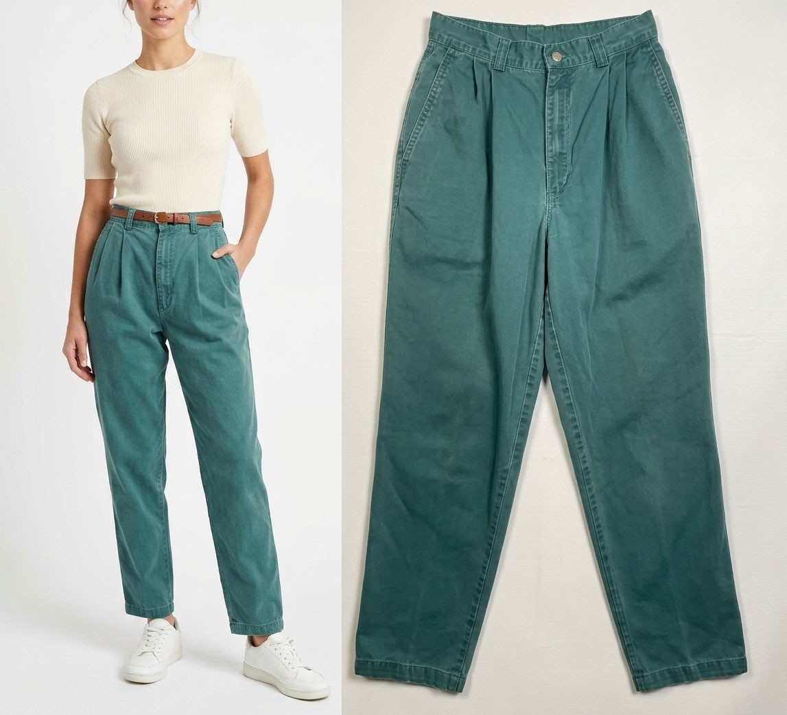 Vintage 1990s Hunter Green Pleat Front Trousers Cotton Made In USA Size 27×29