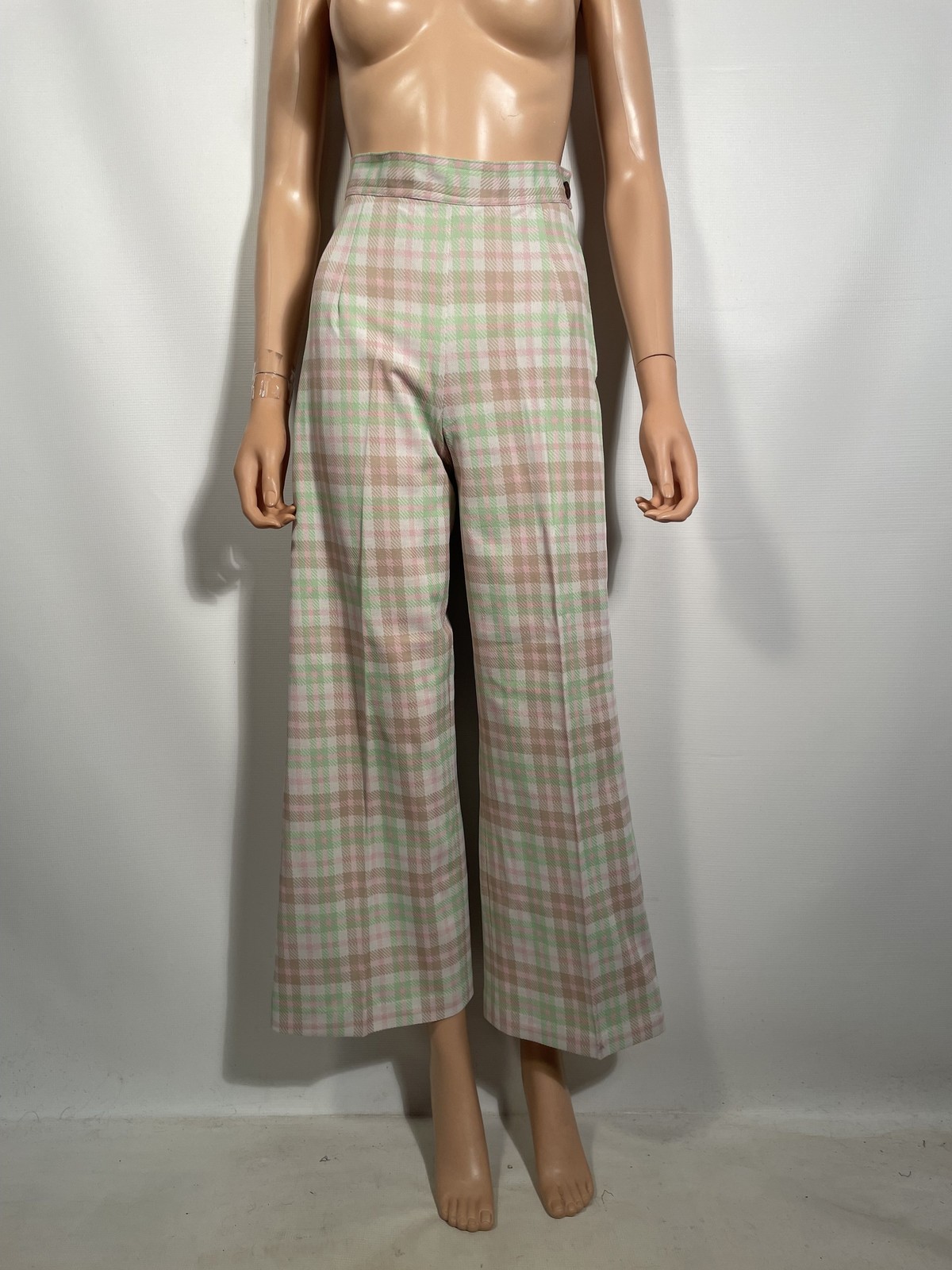 Vintage 1970s Plaid High Waist Wide Leg Polyester Pants Size S