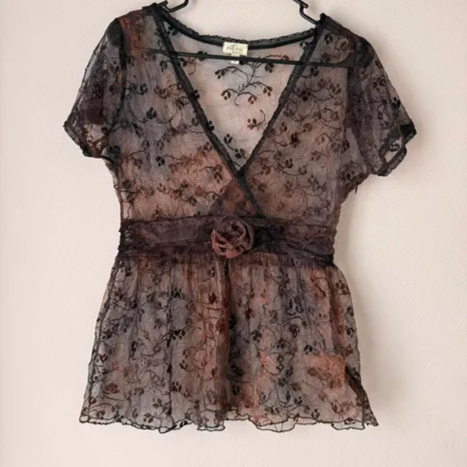 Petit Pois by Viviana G. Small full sheer lace v neck peplum top with rose detai
