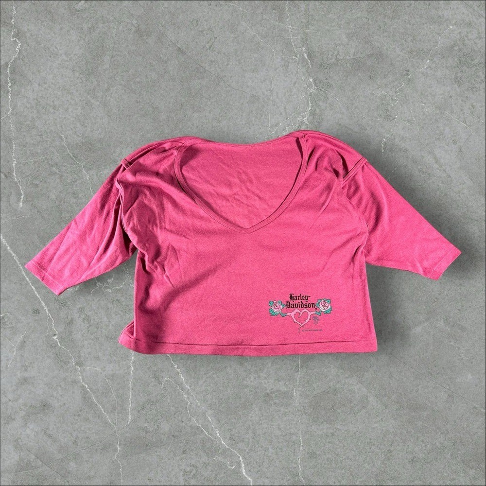 Vintage Harley-Davidson Shirt Womens Large Pink Floral V Neck 80s Biker Holubek