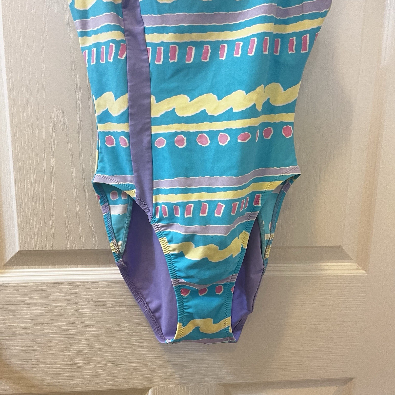 Vintage JAG One Piece Swimsuit Aqua Purple Pastel Abstract High Cut 80s Size 10