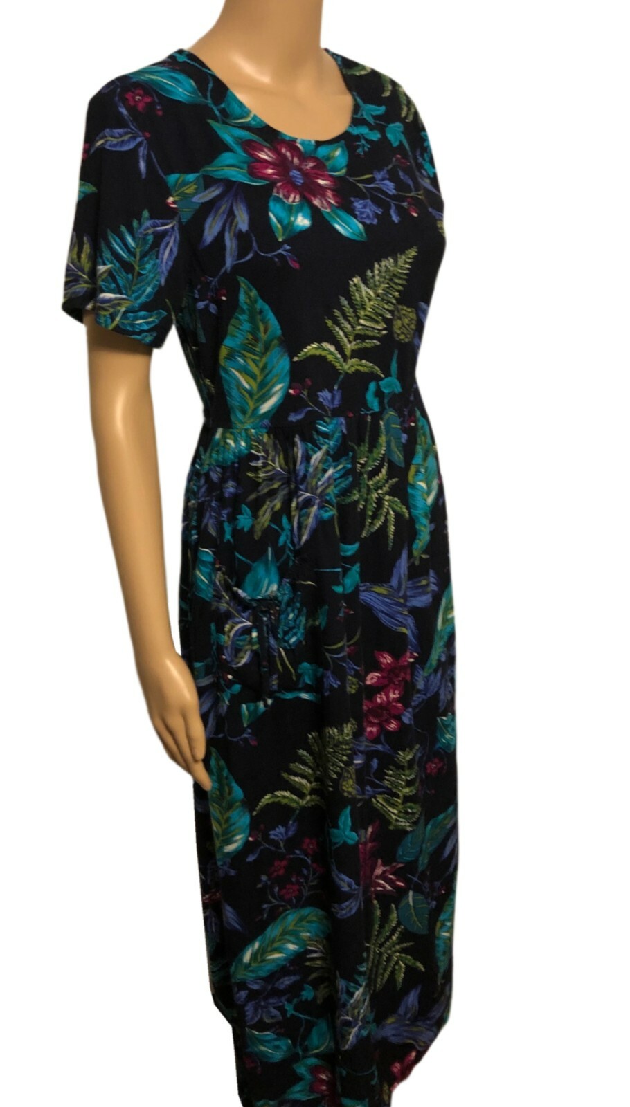 vtg 80’s WHITE STAG Tropical Midi Dress Sz M Navy Blue Floral Rayon