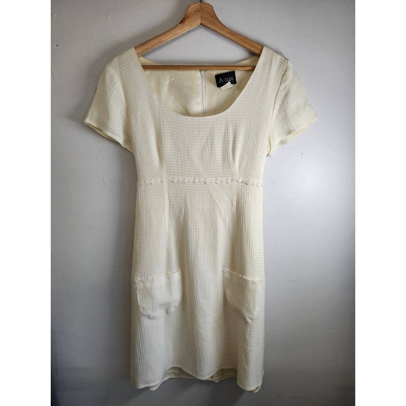 Vtg 90s Y2K A-List by Wrapper Dress Junior 9/10 Fits Small Cream Waffle Knit Mod
