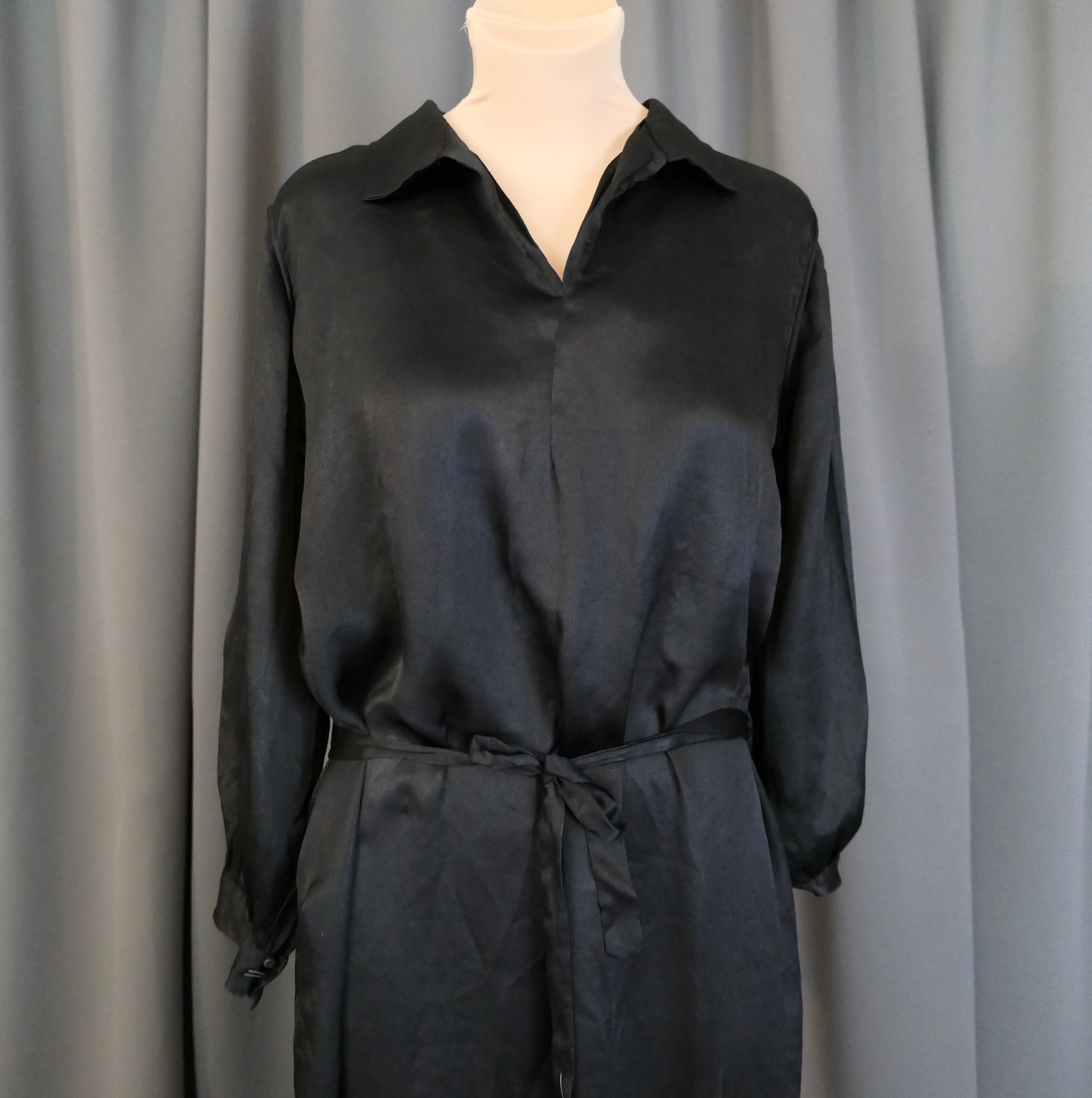 Damaged 1910s Black Silk Satin Dress, Eyelet Panel, 40 inch bust, Ankle length