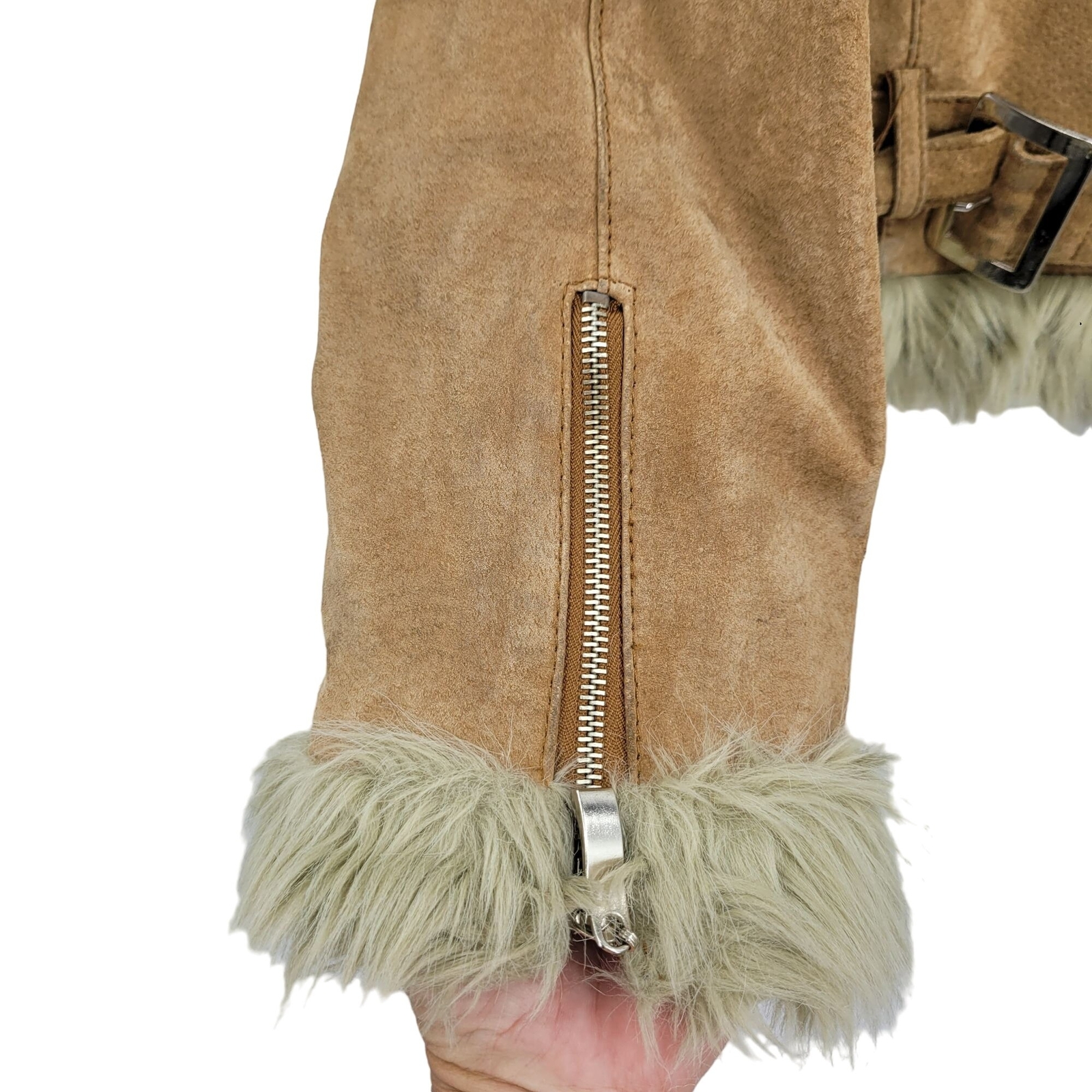 Vintage 80’s Wilson’s Leather Jacket Tan L Belted Faux Fur Trim Snow Bunny