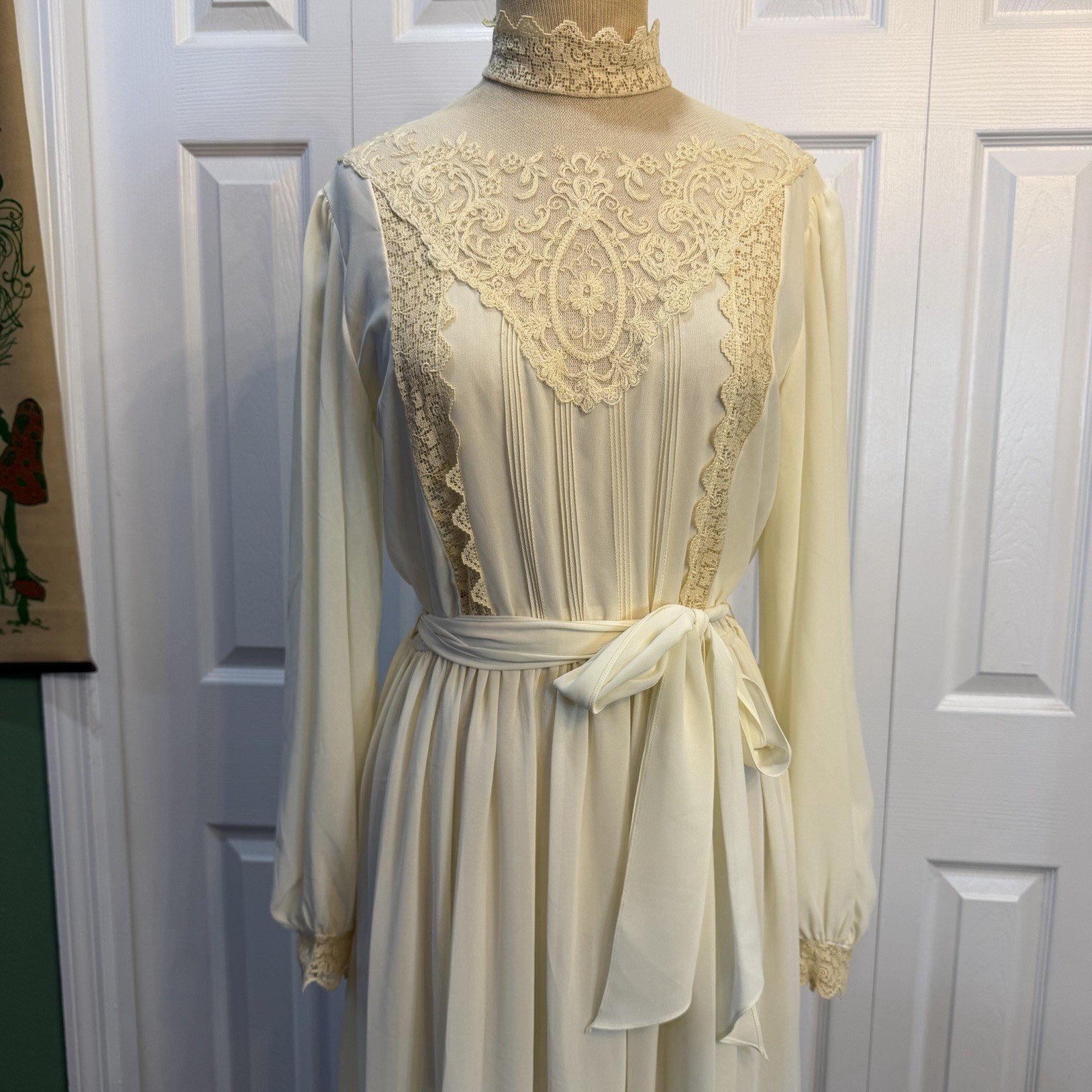 Vintage 70s Bonnie Strauss Dress Medium Lace Sheer Victorian Cottage Prairie 80s