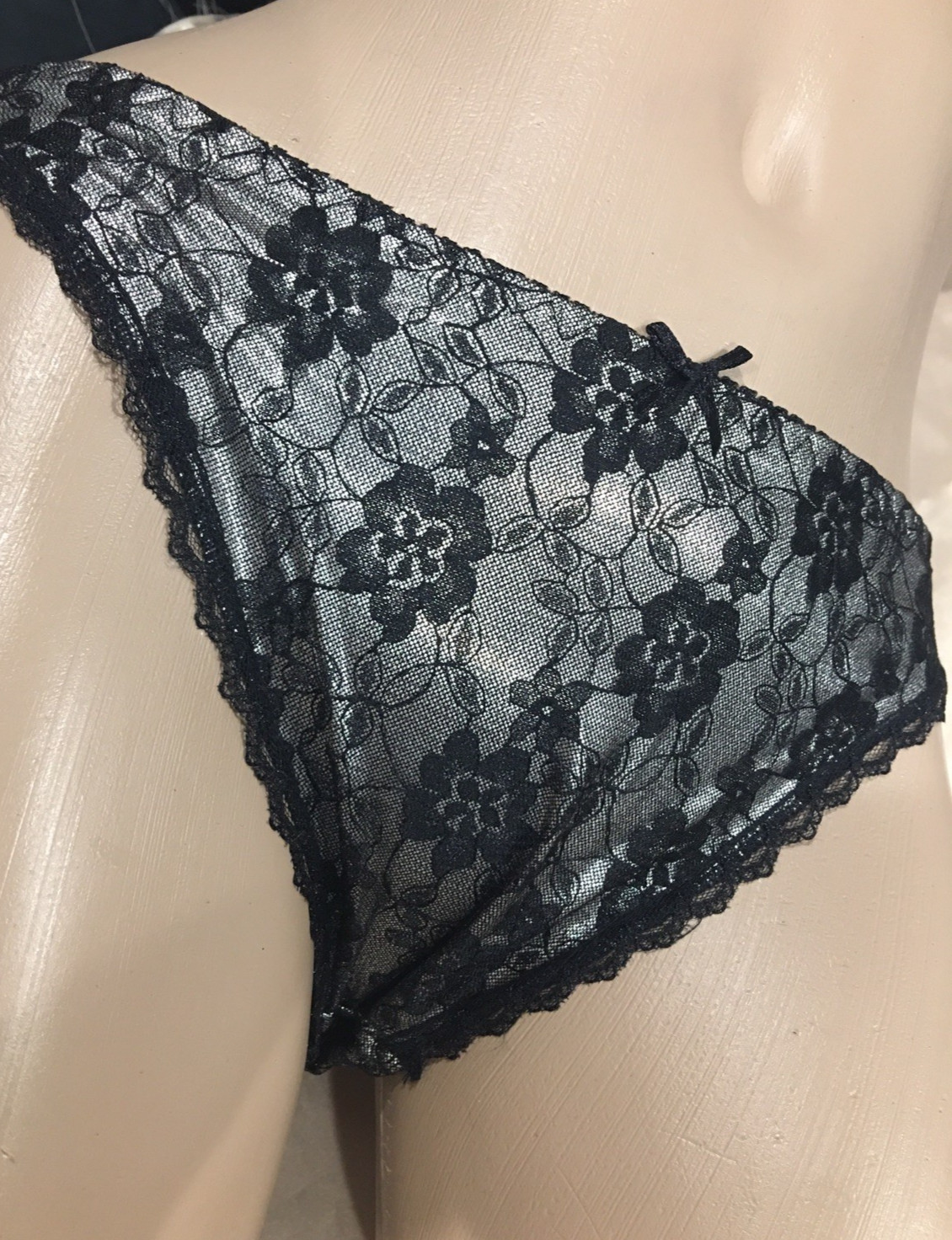 Vtg Silver Black Semi Sheer Nylon String Bikini Panty M