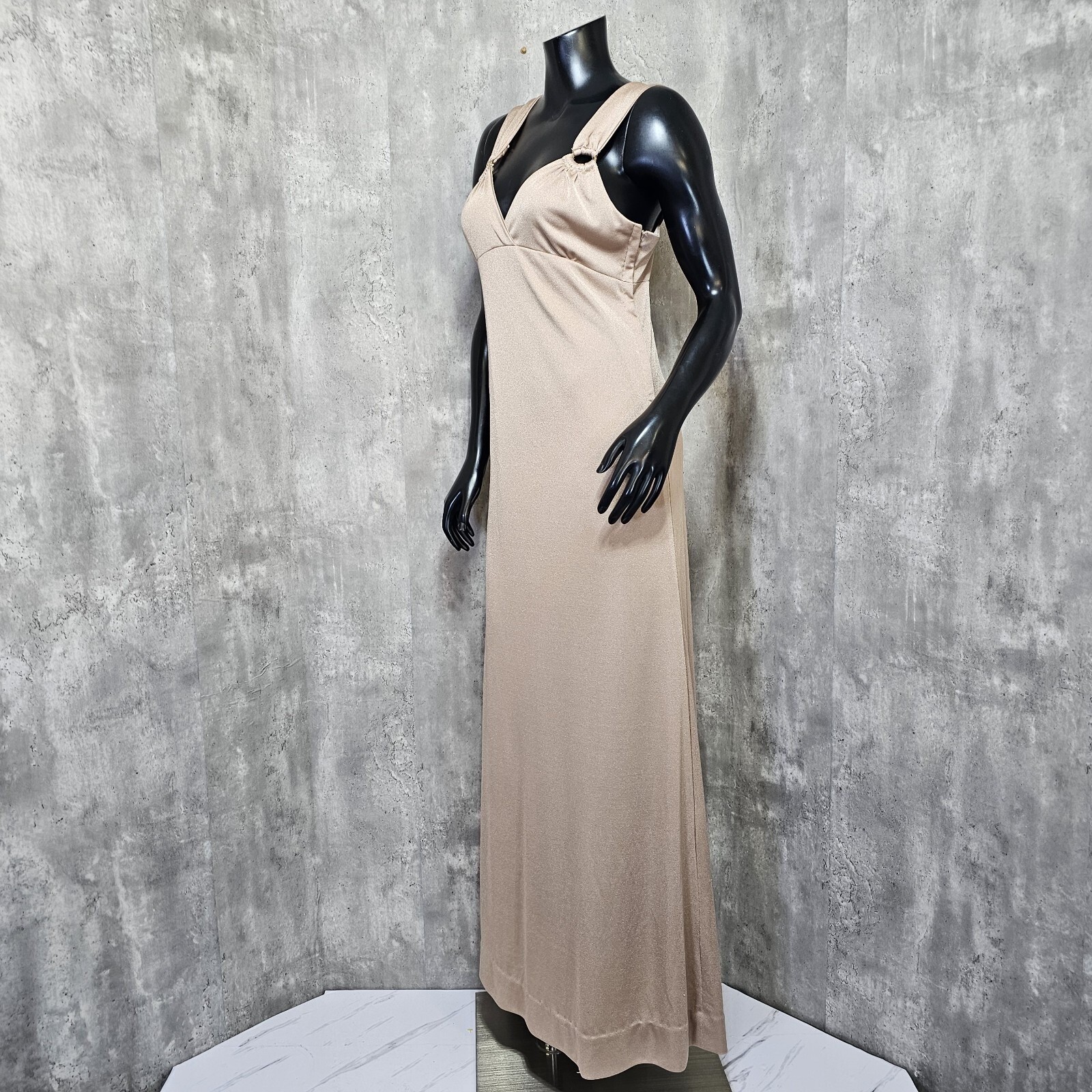 Vintage 70s 80s Champagne Gold Maxi Dress Talon Zipper Empire Waist Disco Gown