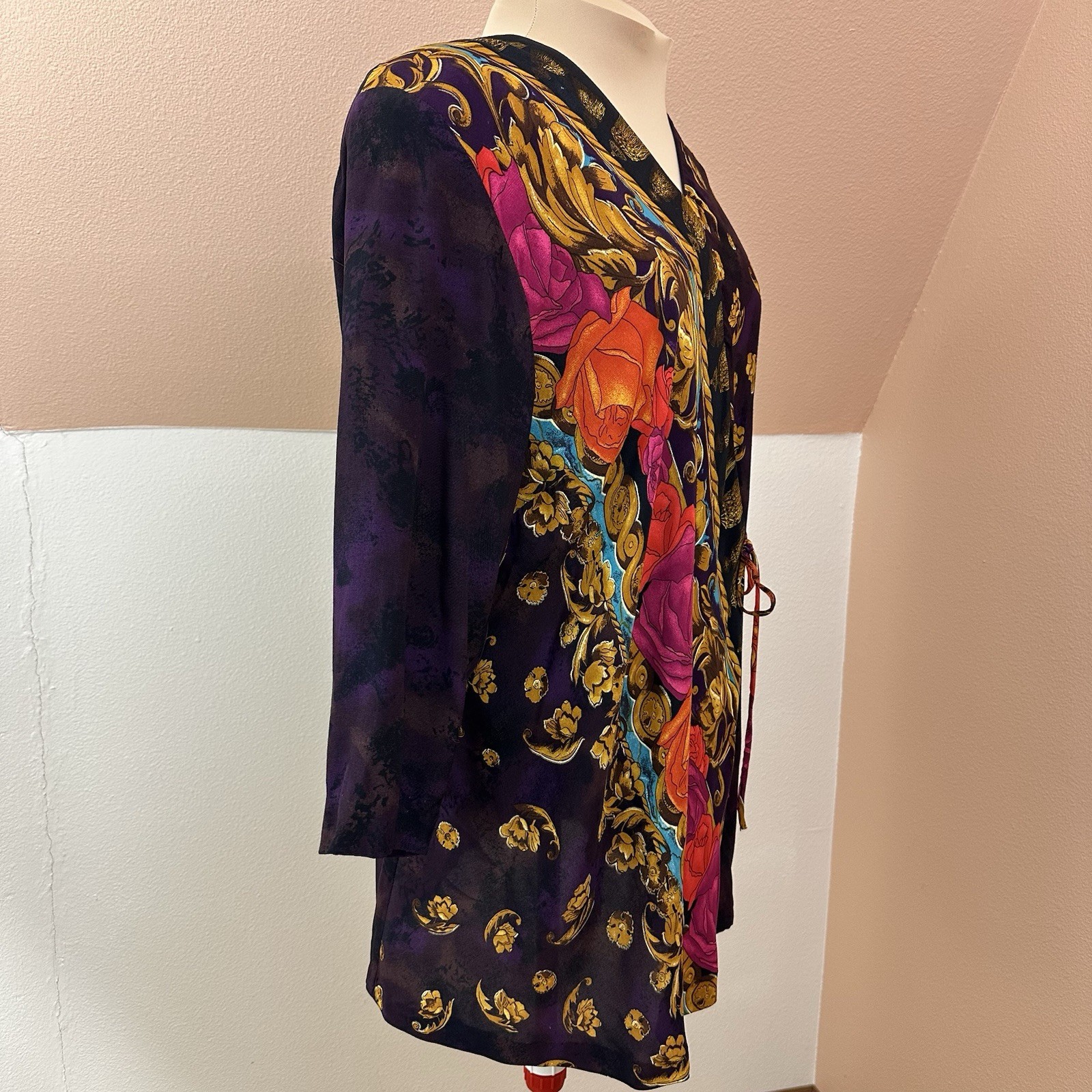 VTG Carole Little Rayon Wrap Kimono Jacket Womens 16 Baroque Floral Art To Wear