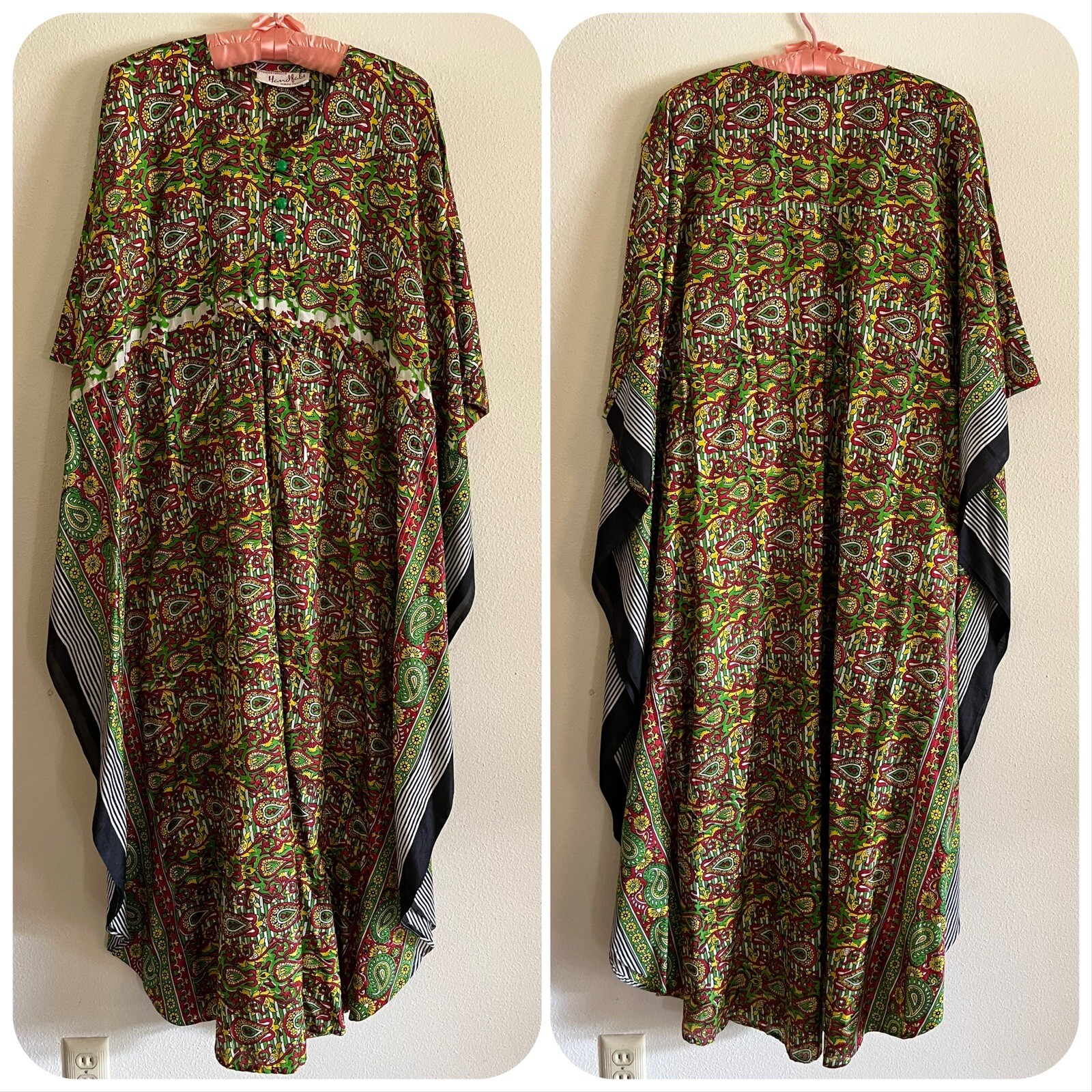 70s Handfabs Indian Block Print Caftan Dress Maxi Mumu Beach Cabana Pool 80s VTG