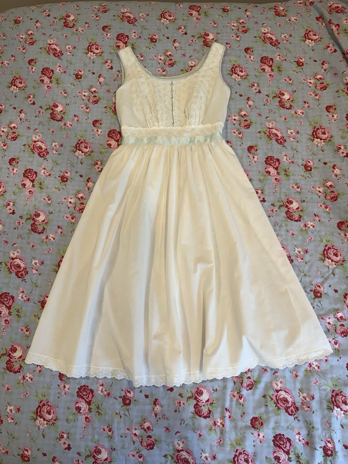 Vintage 50s 60s Shadowline Cotton Nightgown Slip Eyelet Ribbon Size 36 Cottage