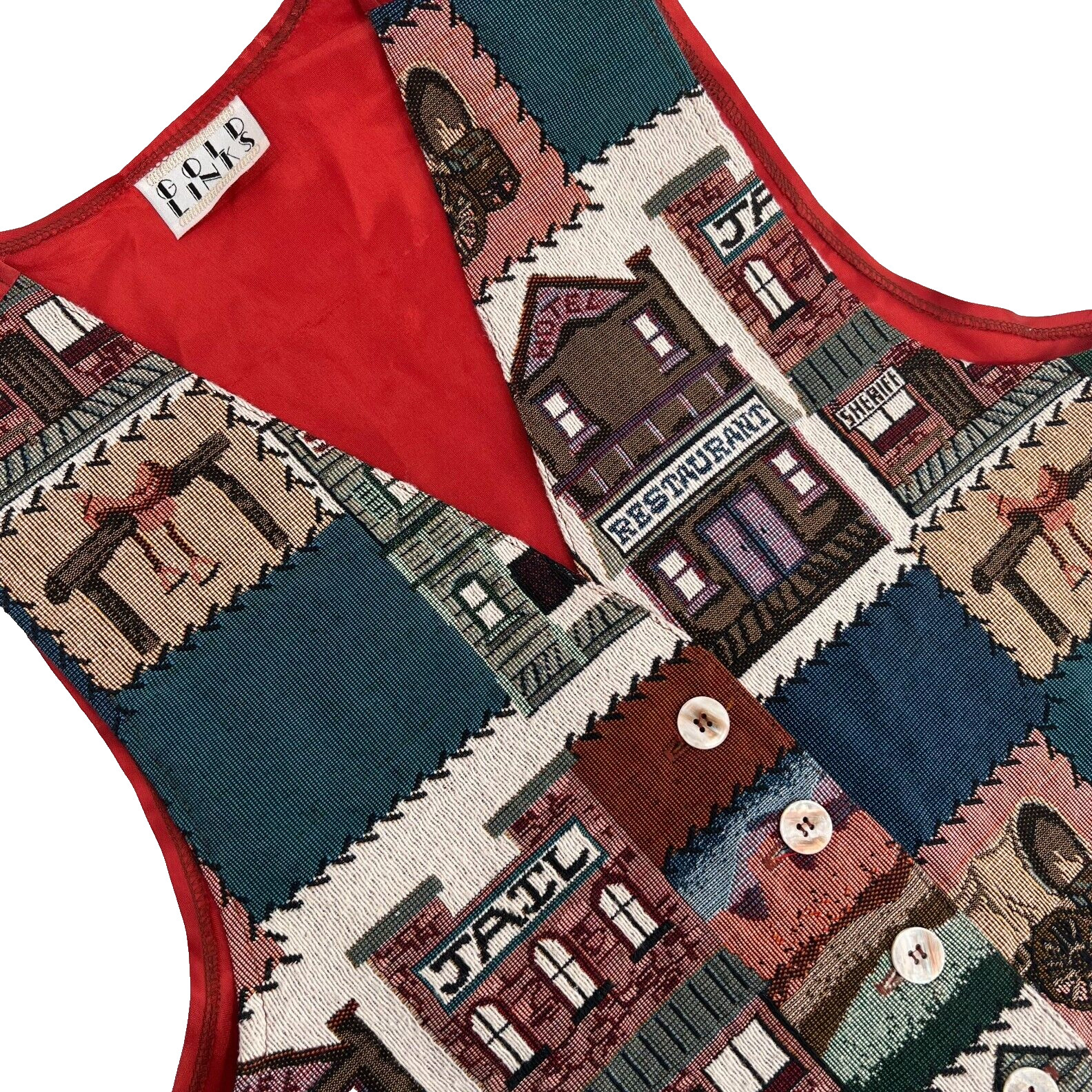 GOLD LINKS Women’s Sz L Vintage 90s Old West Town 4-Button V-Neck Tapestry Vest