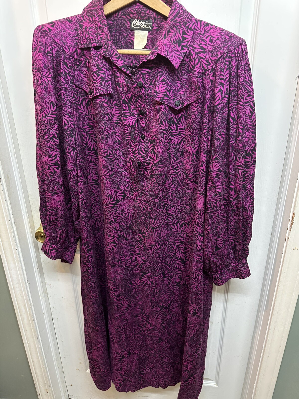 Vintage Chez California By Tandy Dress Womens Size 22 W Fuchsia Leaves Flowers