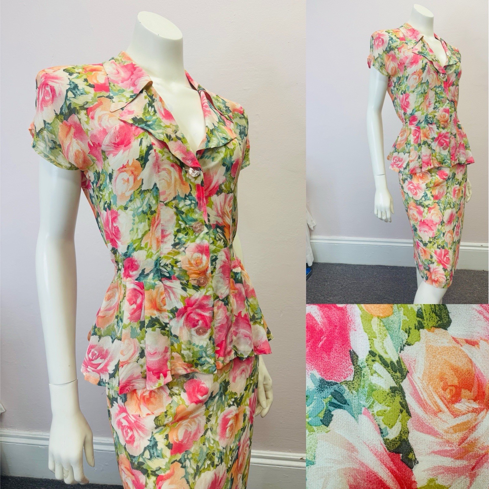 VTG Multicolor floral peplum Skirt & Top Set Nanny wedding designer alexander M