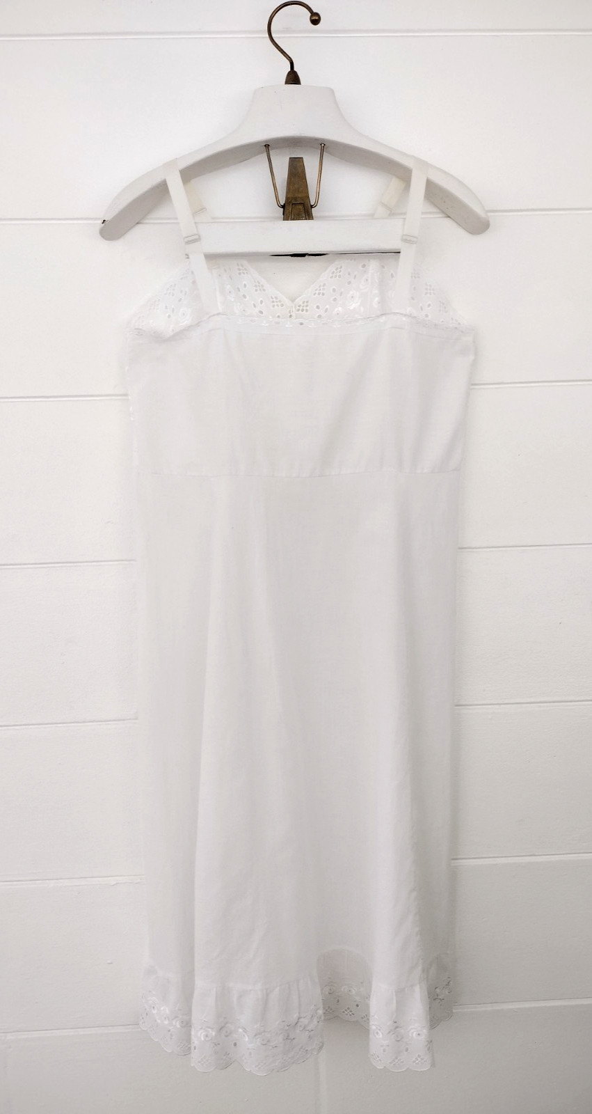 Vtg 50s Stones Wear Full Slip Dress White Cotton Eyelet Floral Lace Ruffle 38avg
