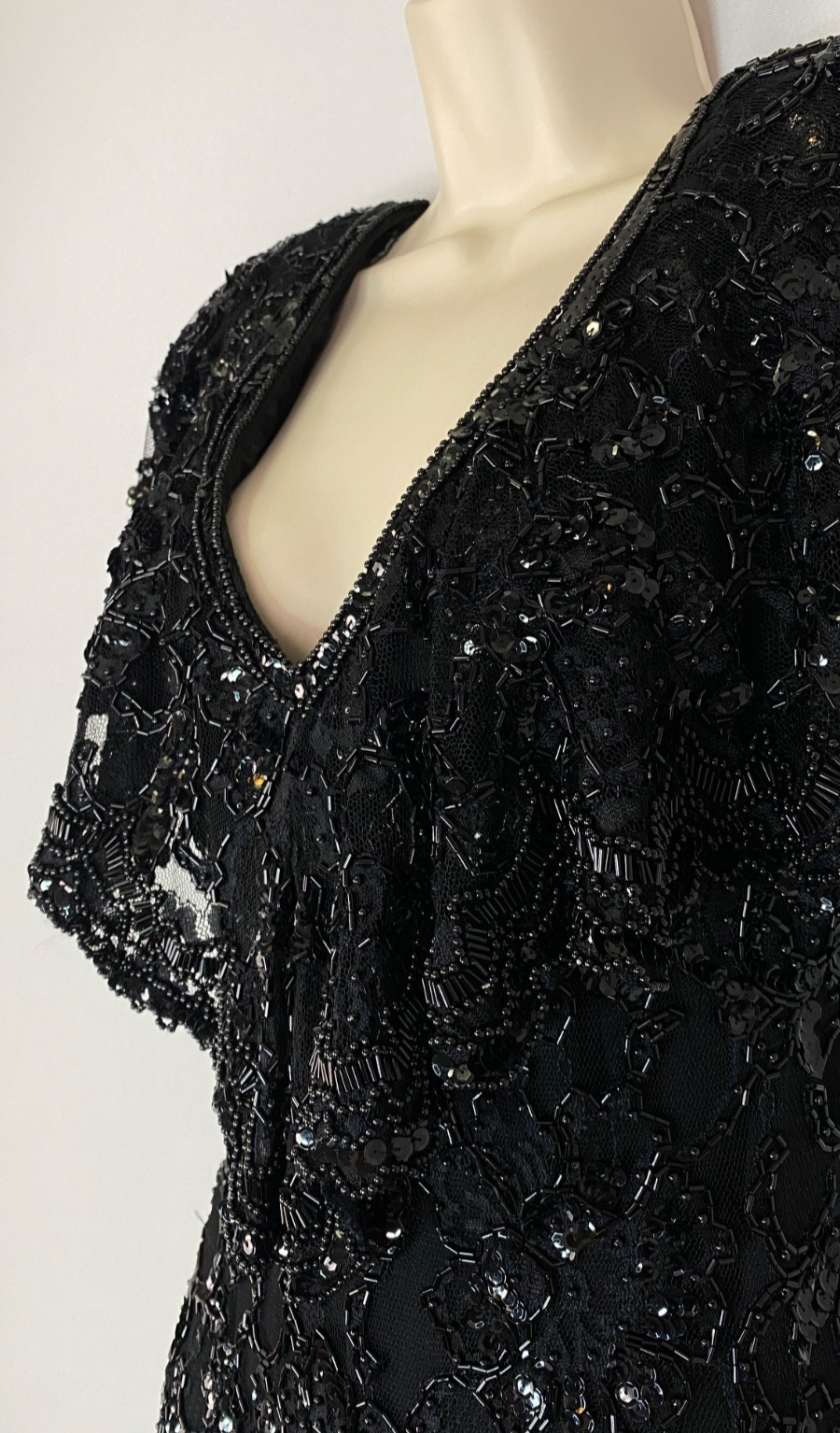 Vintage 1970s black beaded formal dress S pencil wiggle cape sleeve maxi flutter