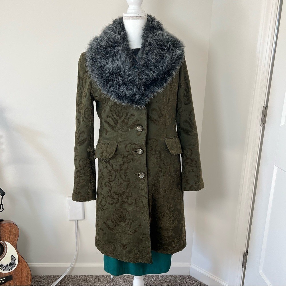 Giacca Gallery Vintage 90s/Y2K Dark Green Embroidered Boho Jacket Faux Fur 🦚