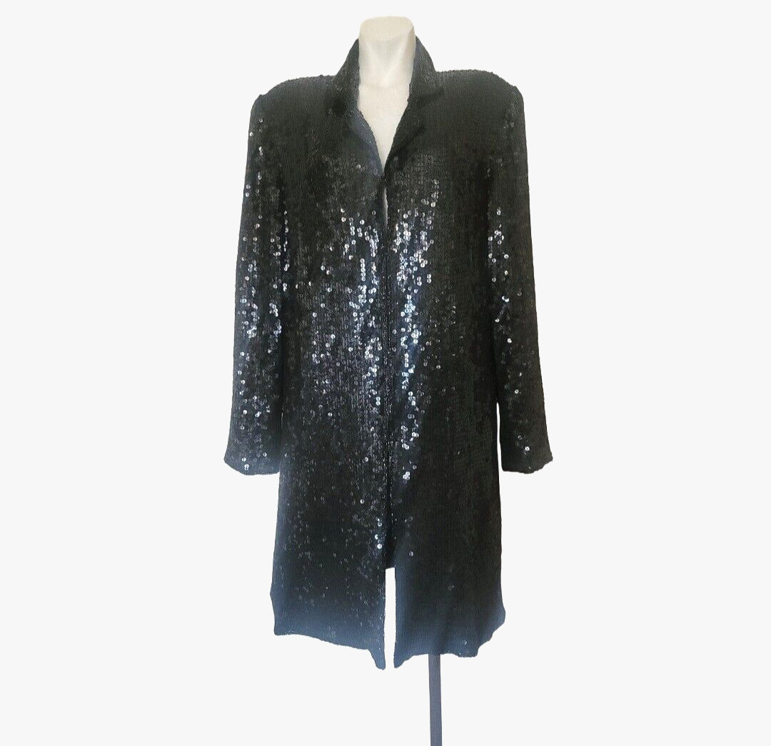 VINTAGE Jewel Queen 100% Pure Silk Black Sequin Long Jacket Hook Closure Size L