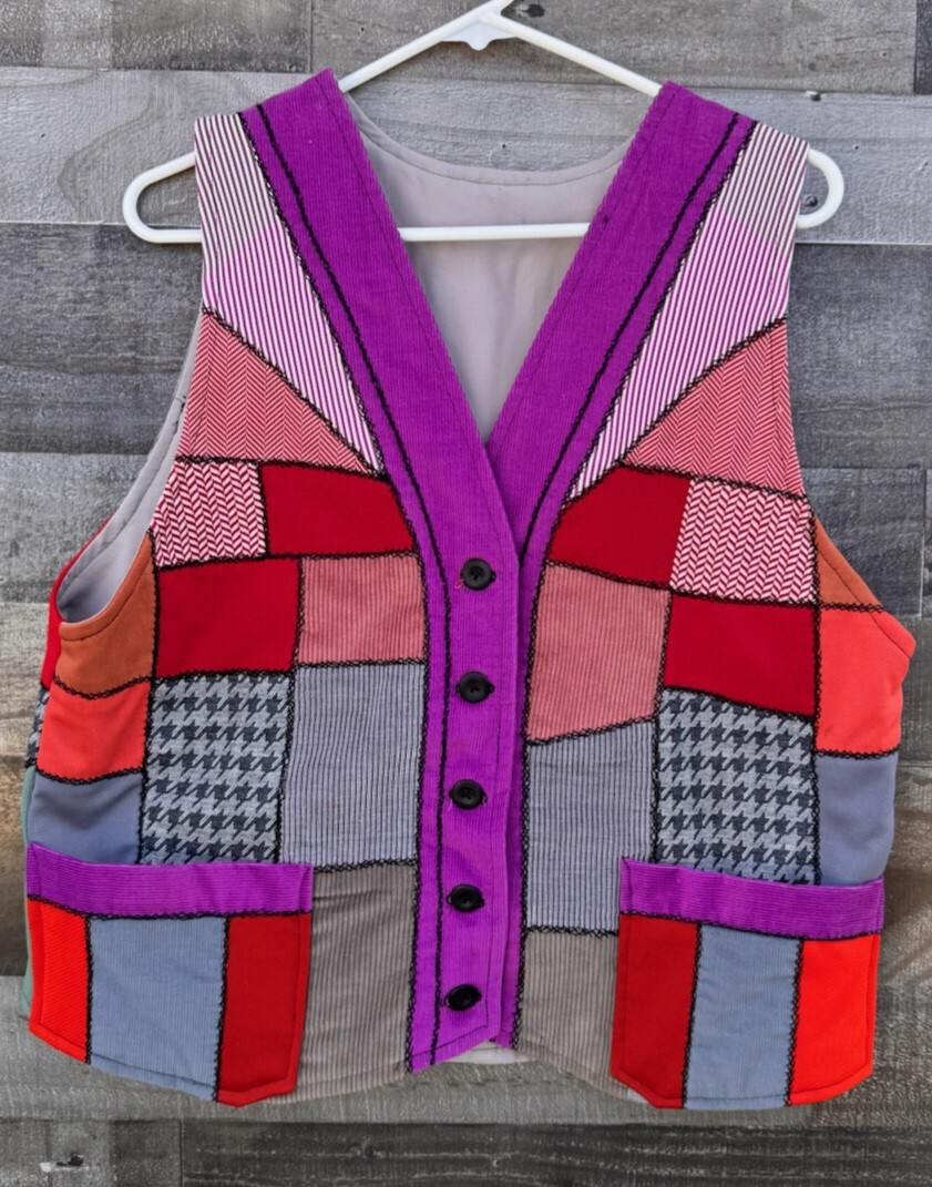 Patchwork Womens Dopamine Quilted Hand Crafted Artsy Vest Vtg Folk Hippie L