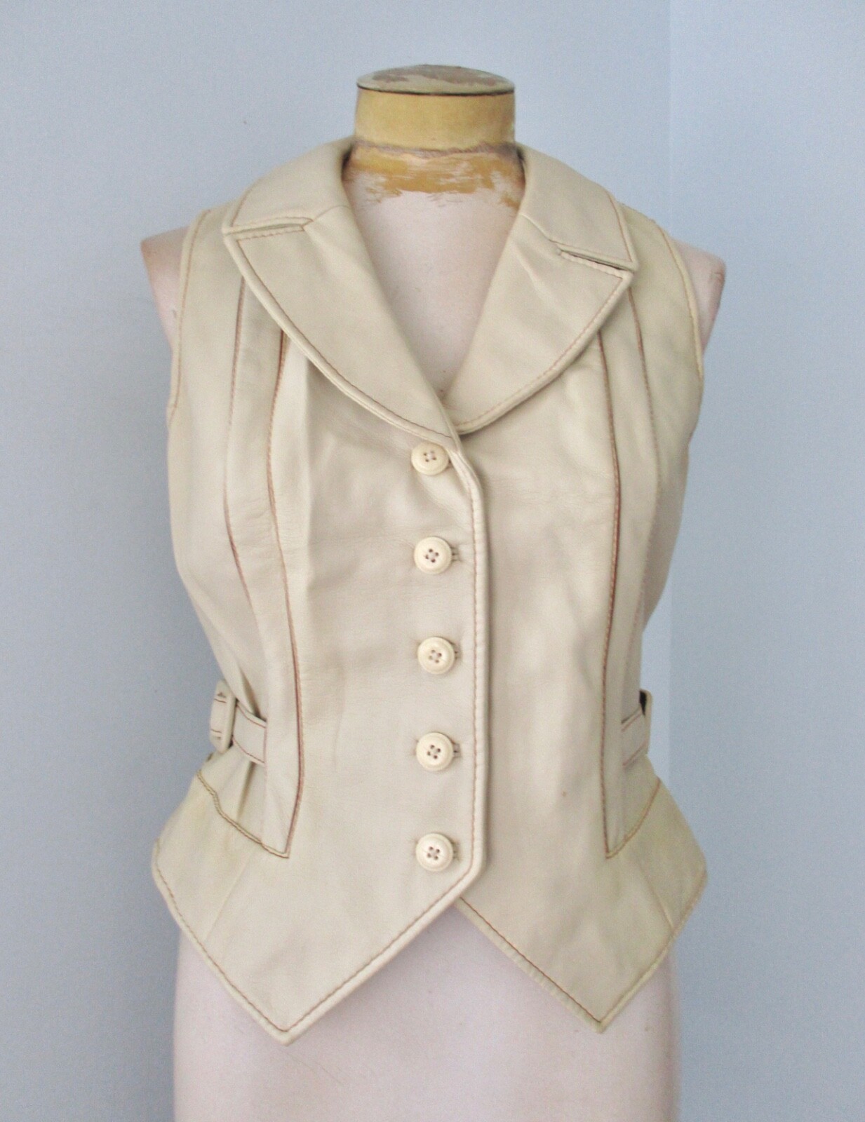 Vtg 70s 80s Beige Pleather Faux Leather Disco Vest Side Buckle Belts Washable 12