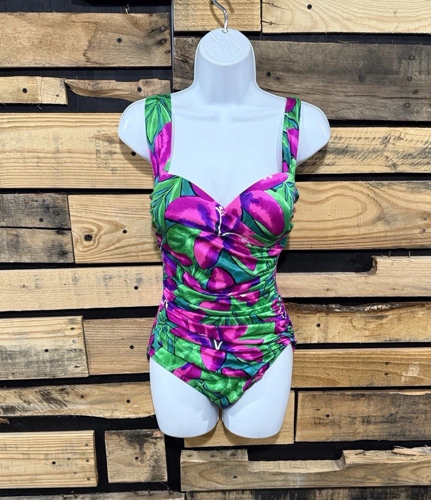 Vintage 80s Sirena 12 One Piece Swimsuit Vibrant Floral Retro Pin Up Ruched