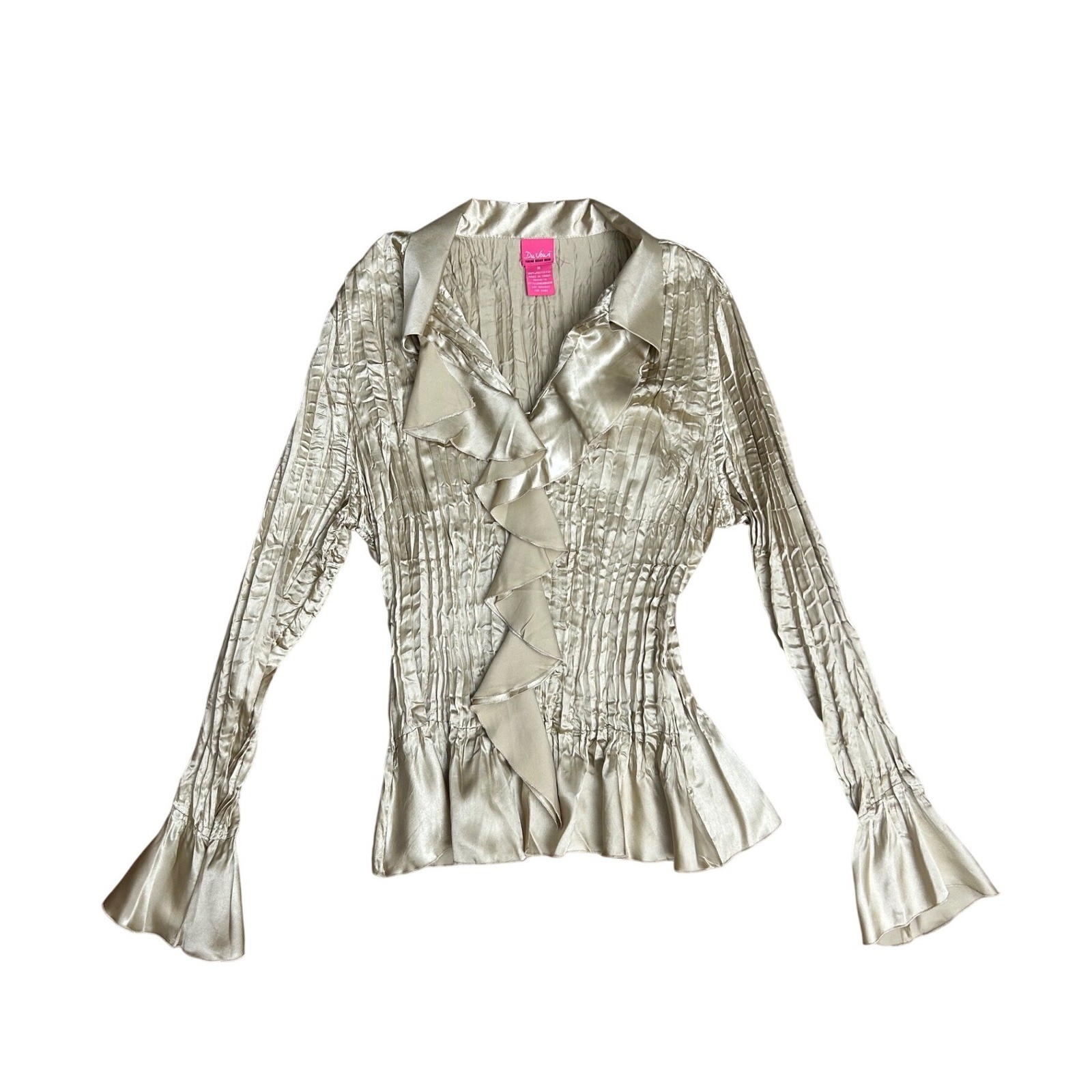 Vintage Champagne Gold button up Crinkle Satin Ruffle Blouse M plisse