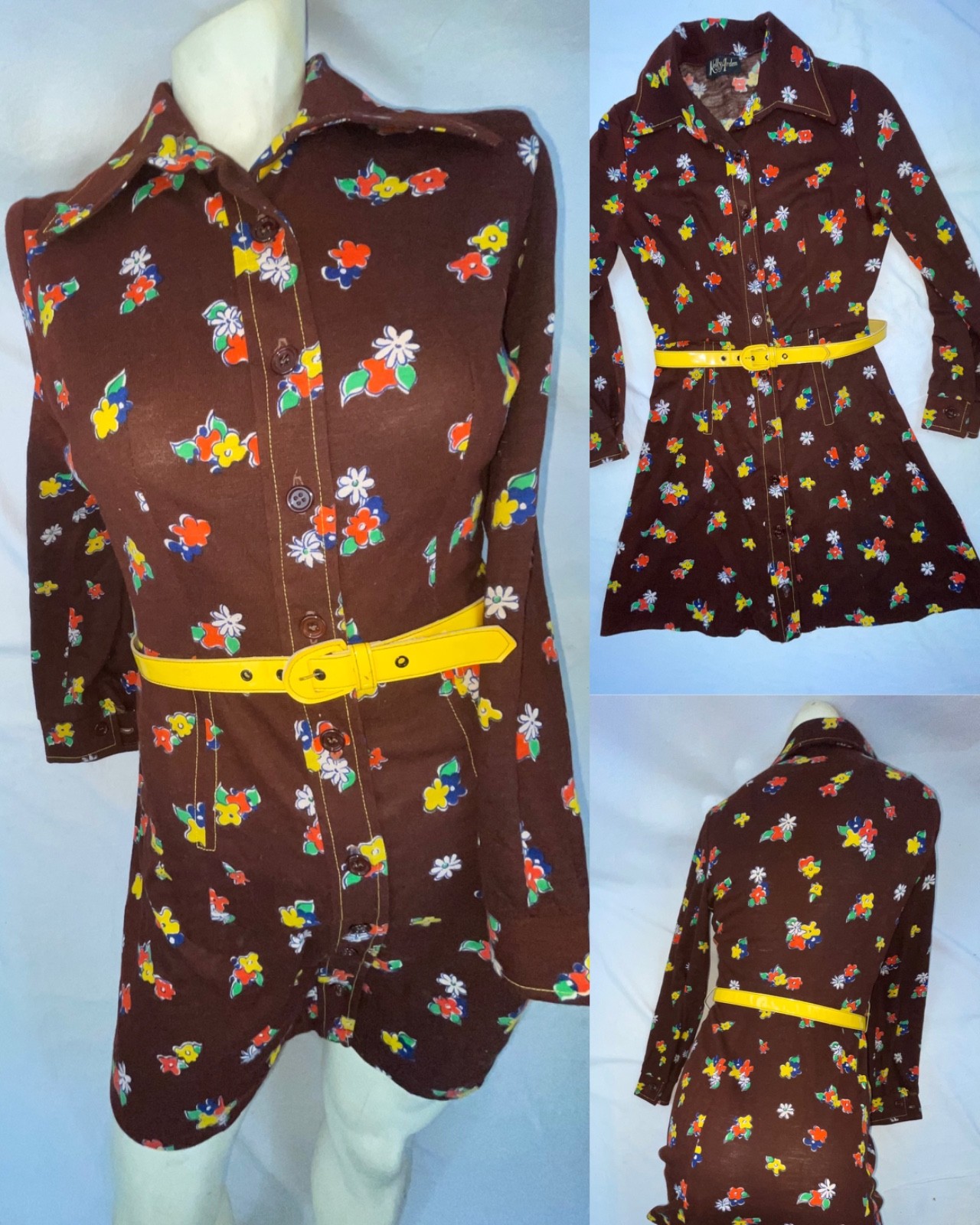 VTG 60S 70 WOMENS BROWN CUTE BABY DOLL MOD GOGO DISCO BUTTON FLOWER PRINT DRESS