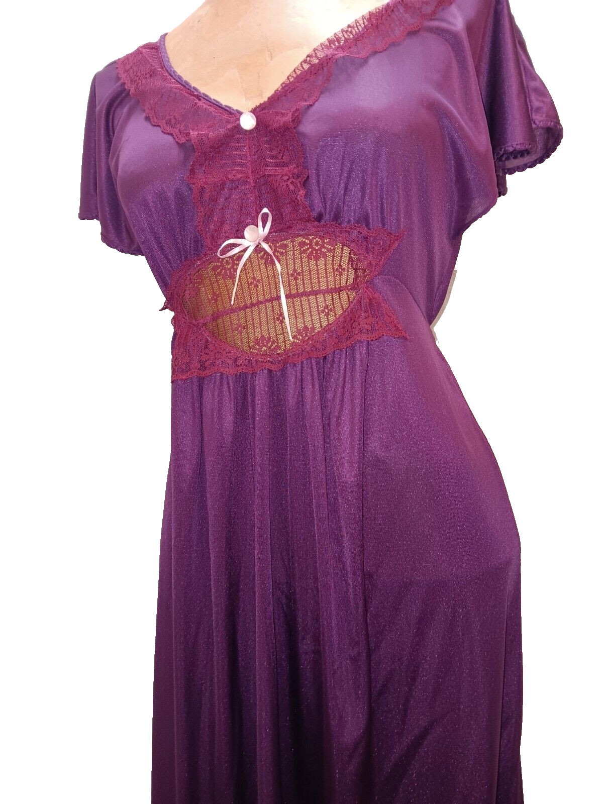 Vintage 70s Purple Nylon Dark Red Lace Nightgown by Avian Size Small
