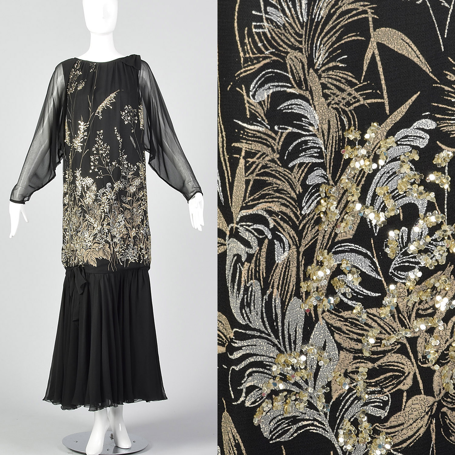 Small 1980s Black Drop Waist Printed Dress Gold Glitter VTG Long Maxi Party