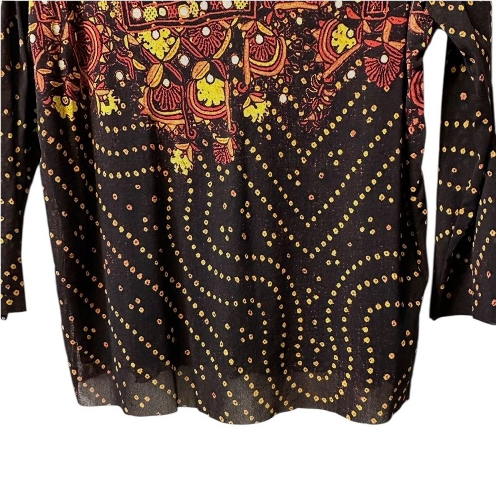 Vivienne Tam Vintage 1990s Black Yellow Floral Boho Print Stretch Mesh Top L XL
