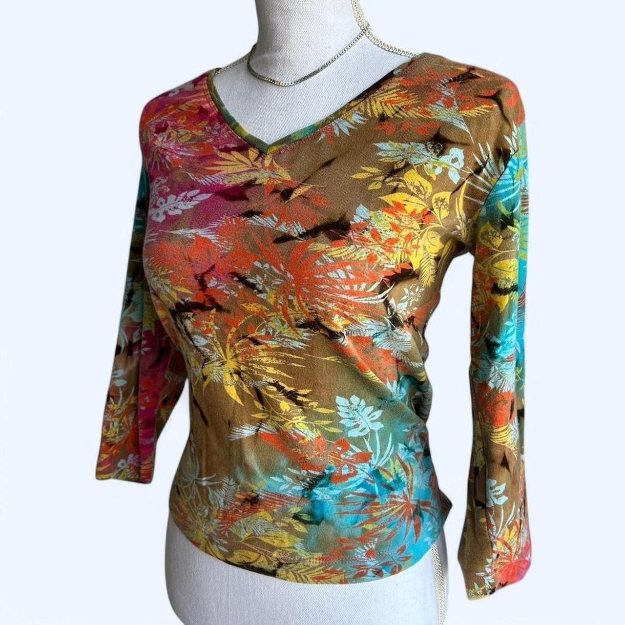 vintage 90s colorful tropical botanical leaf print abstract 3/4 sleeve blouse