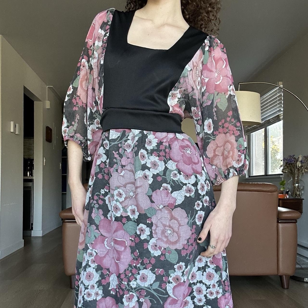 1960s 1970s Handmade Floral Hippie Maxi Dress w/ Balloon Sleeves