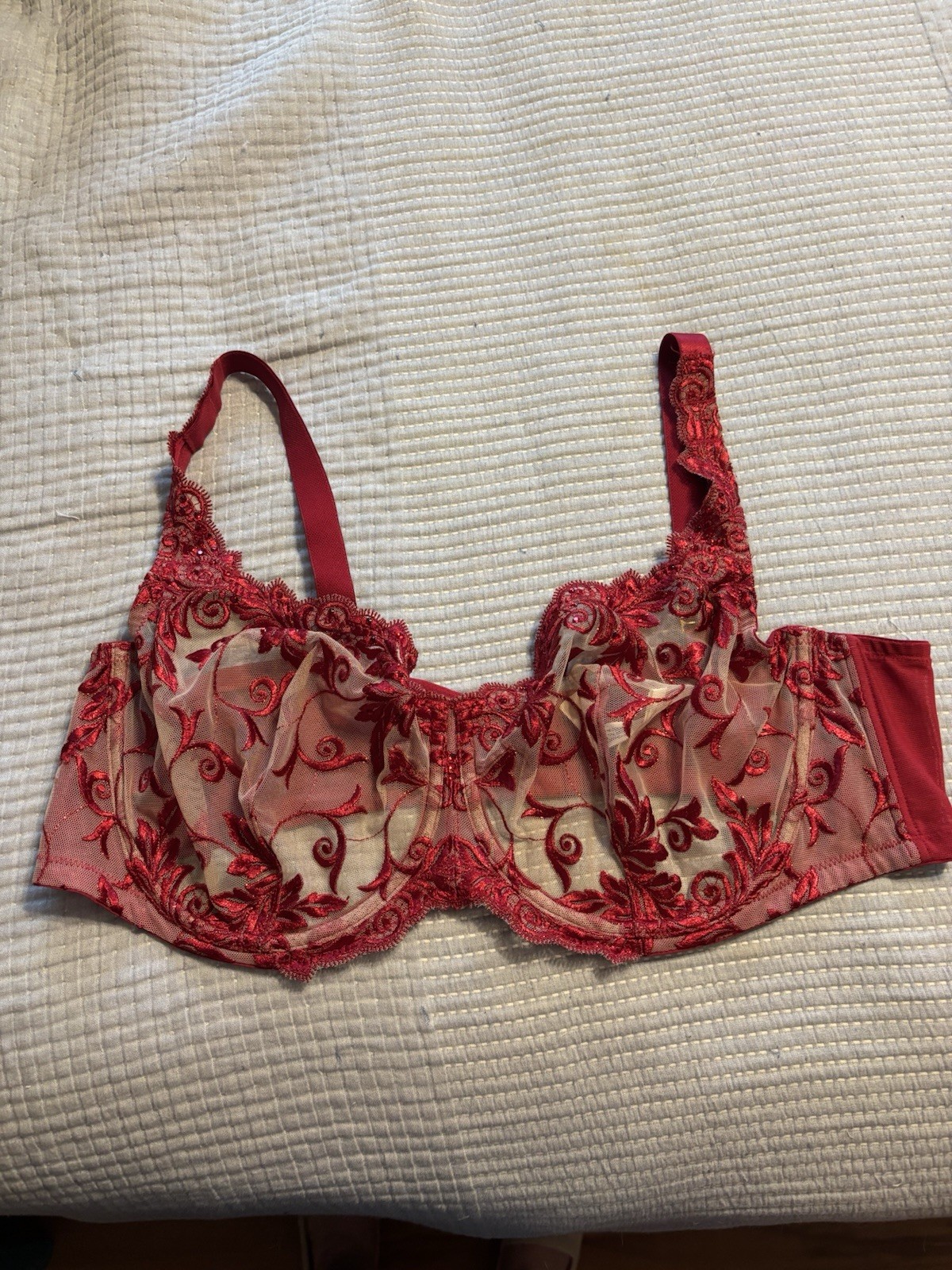 SOMA Womens Sensuous Lace Underwire Unlined Red Bra, Size 44D, Rhinestones