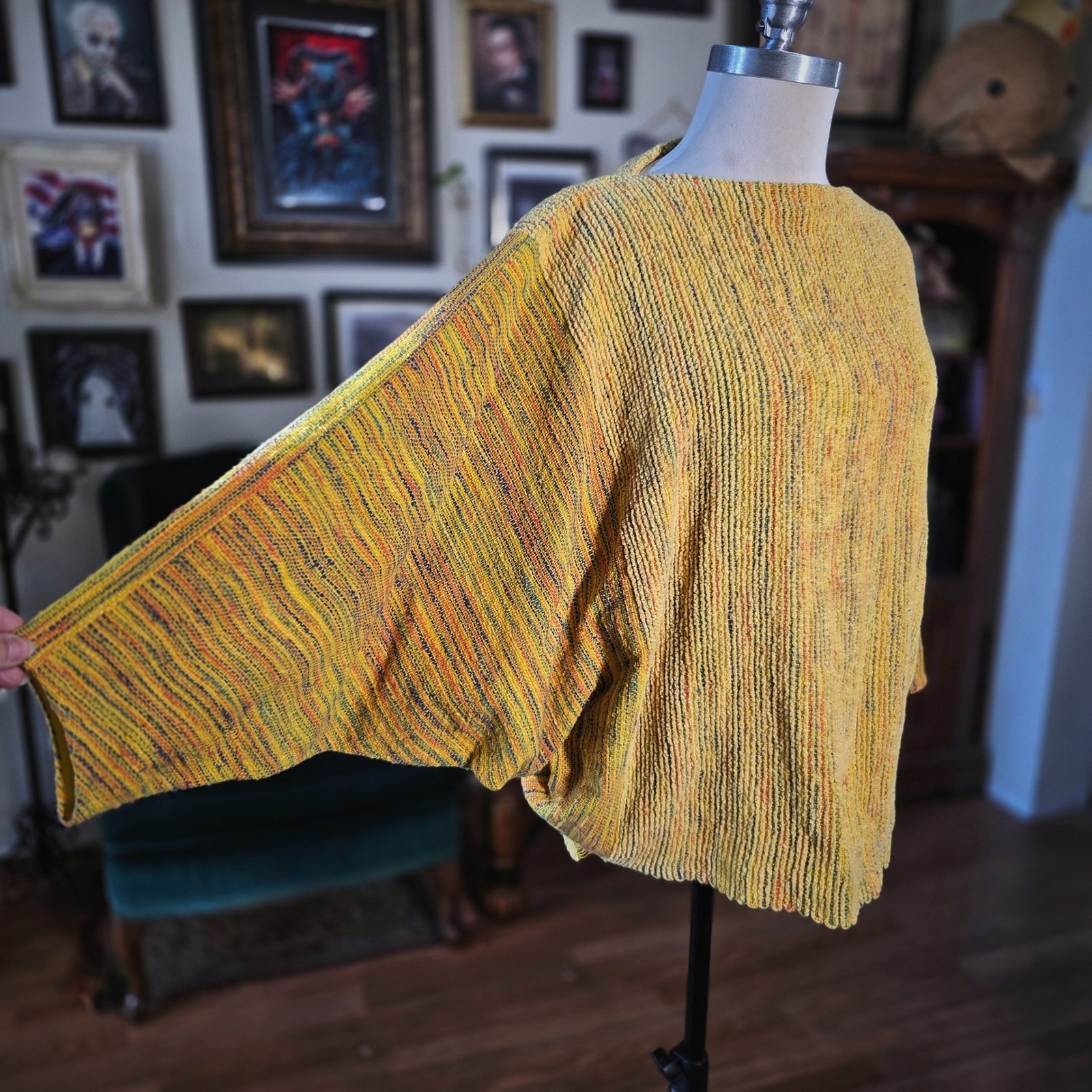 Chenille Yellow Sweater Vintage 90s Speckled Oversized Textured Dolman Sleeves L